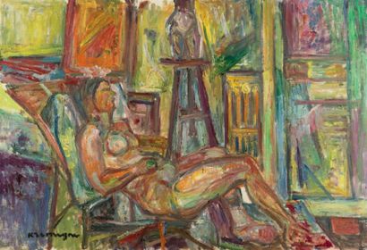 Pinchus KREMEGNE (1890-1981) Nu sur une chaise longue dans l'atelier
Huile sur toile,...