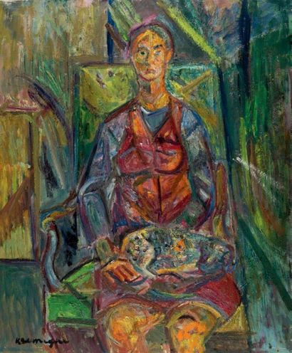 Pinchus KREMEGNE (1890-1981) Femme assise au chien
Huile sur toile, signée en bas...