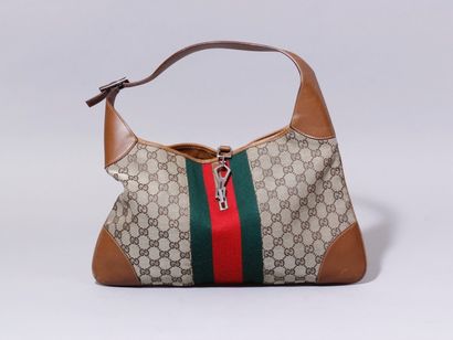 GUCCI Sac à main en toile siglée et cuir noisette, application de bandes aux couleurs...