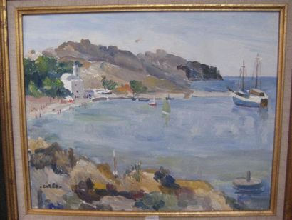 null Marie Louise CIREE (née en 1916) :  
- « Tiros, le bateau bleu » Huile sur isorel   41x33 cm ,...