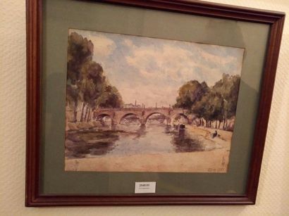 MARCEL BERNANOSE (1884-1952) Pont à Paris
Aquarelle non signée, indication 27/19(38).
33...