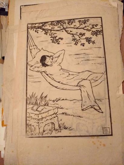 MARCEL BERNANOSE (1884-1952) Lot de gravures en noir: femme allongée dans son hamac...
