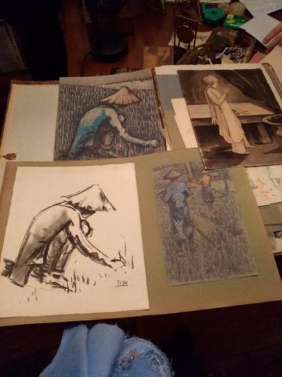 MARCEL BERNANOSE (1884-1952) Lot de dessins: études de personnages sur divers su...