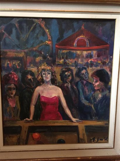 null Maria GUIDA (XXème siècle)
"Ragazza in rosso al Luna Parc"
Huile sur toile,...