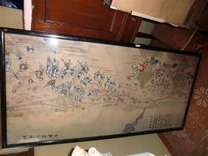 null Grande peinture chinoise sur papier, représentant une scène de bataille et ville...