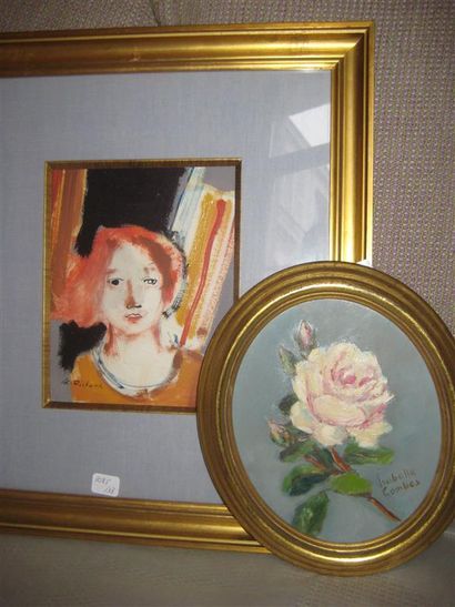 null - Isabelle COMBES   tableau ovale  « Rose », Huile sur carton, Signée en bas...