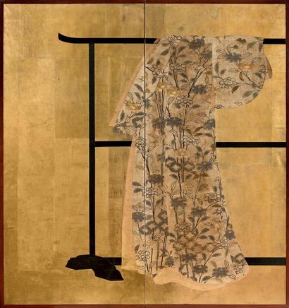 JAPON - Epoque MEIJI (1868-1912) Paravent à deux feuilles, kimonokake et kimono en...