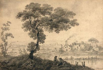 Attribué à Jean-Baptiste PILLEMENT (1728-1808) Paysage aux pêcheurs
Pierre noire,...