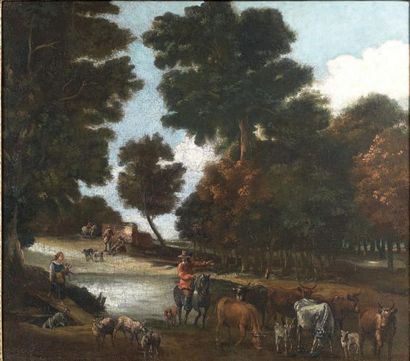 École ROMAINE du XVIIIe siècle Paysage avec cavalier au gilet rouge
Toile.
76 x 85...
