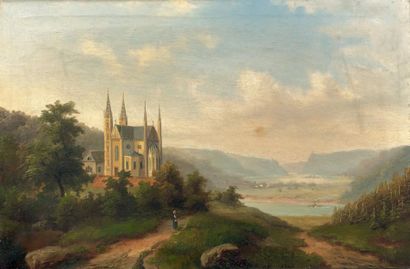 École FRANÇAISE de la fin du XIXe siècle Paysage à l'église et à la rivière
Toile.
39...