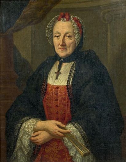 Ecole francaise vers 1760 Portrait de femme à l'éventail (Madame Geoffrin)
Toile.
78,5...