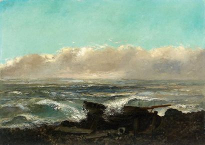 Atelier de Gustave COURBET (1819-1877) ou entourage de Bord de mer
Huile sur panneau.
79...