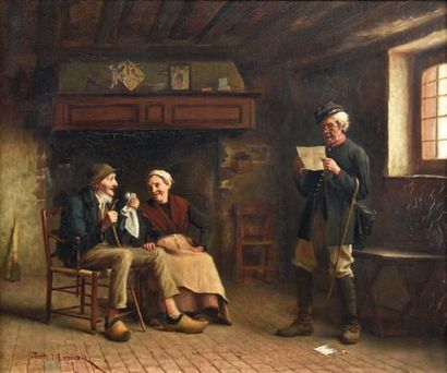 Jean MOREAU (XIX-XXe siècle) 
Le facteur lisant une lettre à un vieux coup le Huile...