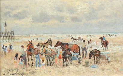 André HAMBOURG (1909-1999) 
Sur la plage
Huile sur toile, signée en bas à gauche,...