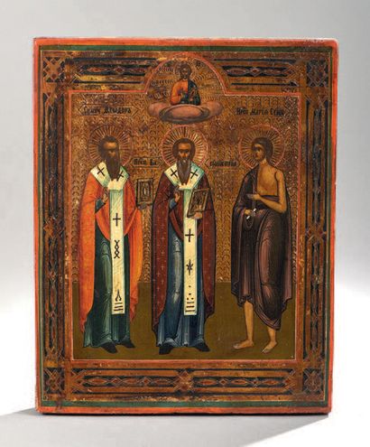 null ICÔNE: LES TROIS SAINTS: l'évêque Théodore, Basile le Grand et Marie l'égyptienne....