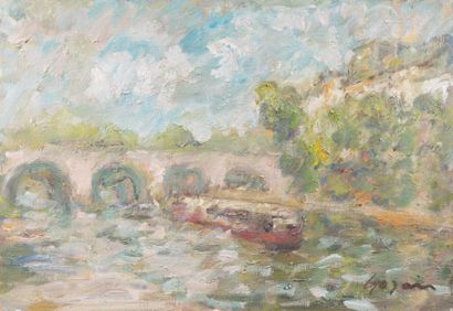 Atelier Pierre GOGOIS (né en 1935) Bateau mouche devant le Pont Neuf
Huile sur toile.
Signée...