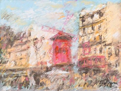 Atelier Pierre GOGOIS (né en 1935) Passants devant le moulin rouge
Pastel.
Signée...