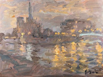 Atelier Pierre GOGOIS (né en 1935) La passerelle de l'île Saint Louis, vue de nuit
Huile...