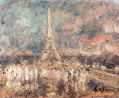 Atelier Pierre GOGOIS (né en 1935) La Tour Eiffel, vue de nuit
Huile sur toile.
Signée...