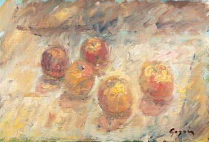 Atelier Pierre GOGOIS (né en 1935) Pommes sur la table Huile sur toile.
Signée en...