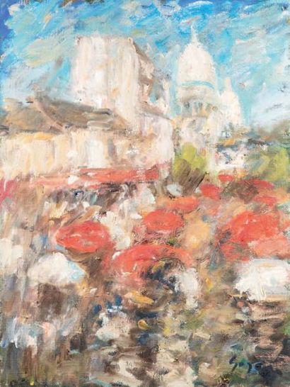 Atelier Pierre GOGOIS (né en 1935) Montmartre «les parasols rouges»
Huile sur toile.
Signée...