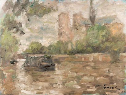 Atelier Pierre GOGOIS (né en 1935) La Seine en crue devant Notre Dame
Huile sur toile.
Signée...