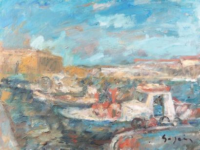 Atelier Pierre GOGOIS (né en 1935) Le port de Paphos
Huile sur toile.
Signée en bas...