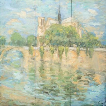 Atelier Pierre GOGOIS (né en 1935) Vue de Notre Dame
Triptyque.
Huile sur toile.
Signée...