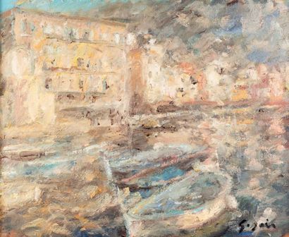 Atelier Pierre GOGOIS (né en 1935) Bateaux dans le port de Nice
Huile sur toile.
Signée...