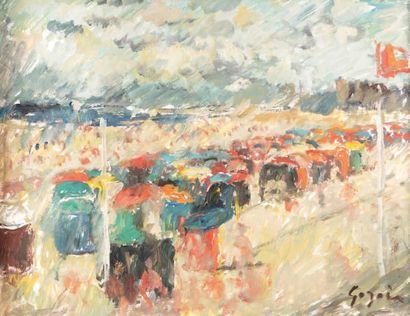 Atelier Pierre GOGOIS (né en 1935) La plage de Deauville Huile sur carton.
Signée...