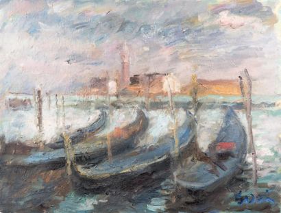 Atelier Pierre GOGOIS (né en 1935) Les gondoles bleues
Huile sur toile.
Signée en...
