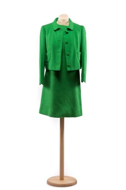 MOLYNEUX Ensemble robe et veste en crêpe de laine vert printemps.