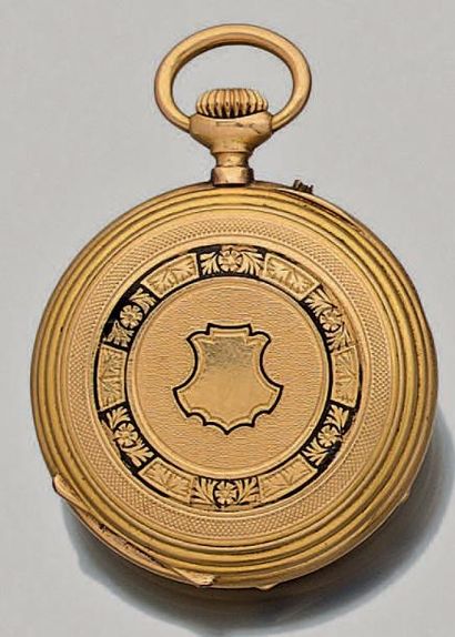 null Petite montre de poche en or jaune (750 millièmes) godronné, guilloché et ciselé...