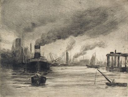 Maximilien LUCE Paris 1858 - 1941 Port de Rotterdam, vers 1895. Eau-forte, 295 x...