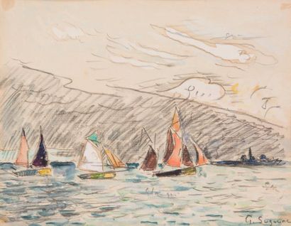 Paul SIGNAC (1863-1935) « Groix » Aquarelle et fusain sur papier, contrecollé sur...