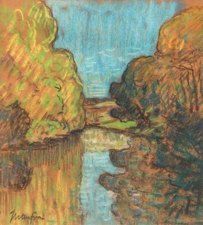 Maxime MAUFRA (1861-1918) 
Paysage à la rivière
Pastel sur papier.
Signé en bas à...