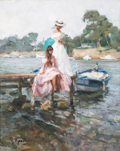 Youri KROTOV (né en 1964) 
Deux jeunes filles sur un embarcadère
Huile sur toile.
Signée...