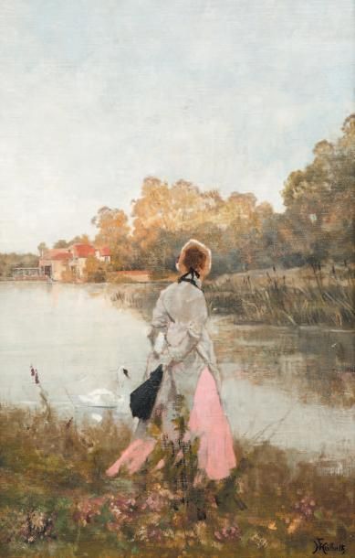 Ferdinand HEILBUTH (1826-1889) 
Élegante au bord de la rivière
Huile sur toile.
Signée...