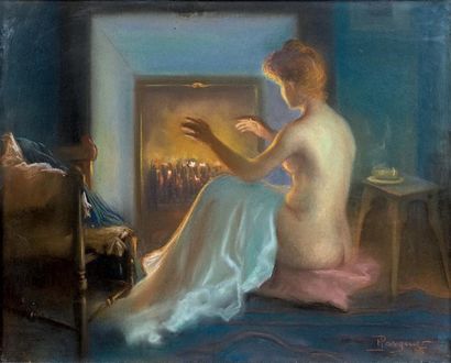 Henri PASQUIER (XIX-XXe siècle) 
Femme devant l'âtre
Pastel sur papier.
Signé et...