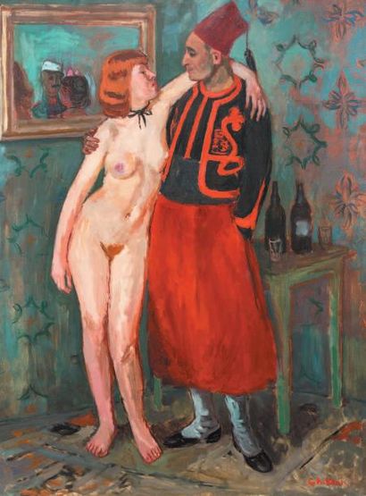 Paul Georges KLEIN (1909-1994) 
Zouave dans une maison close
Huile sur toile.
Signée...