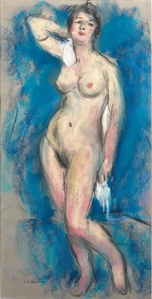 Charles CAMOIN (1879-1965) 
Nu debout sur fond bleu
Pastel et fusain sur papier.
Signé...