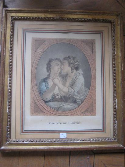 null 2 gravures "Le baiser de l'amour" et "baiser de l'amitié", cadre en bois doré...
