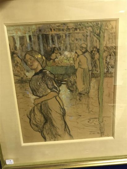 null Adler Jules (1865-1952)							
" Scène de marché "
Fusain et pastel sur papier
Signé...