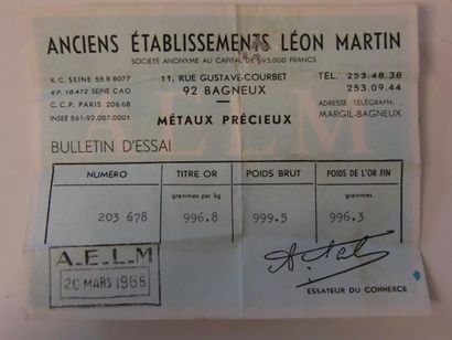 null Lingot or avec son bulletin d'essai des "Anciens Etablissements Léon Martin"...