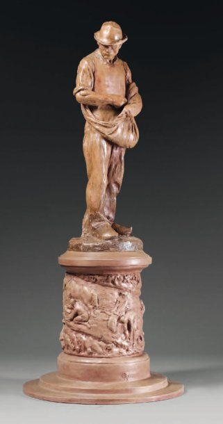 Aimé-Jules DALOU (1838-1902) Grand semeur sur piédestal Céramique en grès rose. Haut....