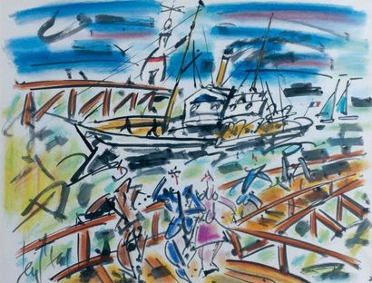 GEN PAUL (1895-1975) Bateau au port Gouache et aquarelle, signée en bas à gauche....