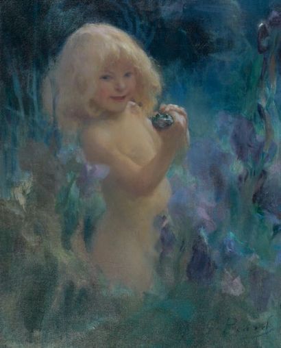 Georges PICARD (1857-1946) Petite fille à la grenouille Huile sur toile, signée en...