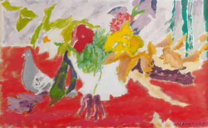 Jules CAVAILLÈS (1901-1977) Le tapis rouge Huile sur toile signée en bas à droite,...