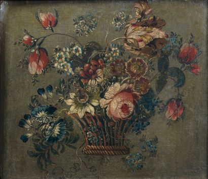 LERICHE (actif au XVIIIe siècle) Corbeille de fleurs Toile marouflée sur panneau....