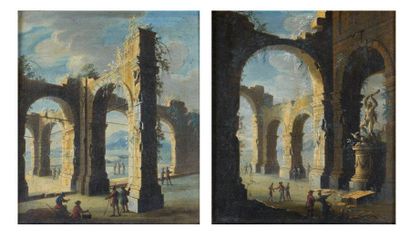 Attribué à Gennaro GRECO, dit il MASCACOTTA (1667 - 1714) Caprices avec ruines antiques...